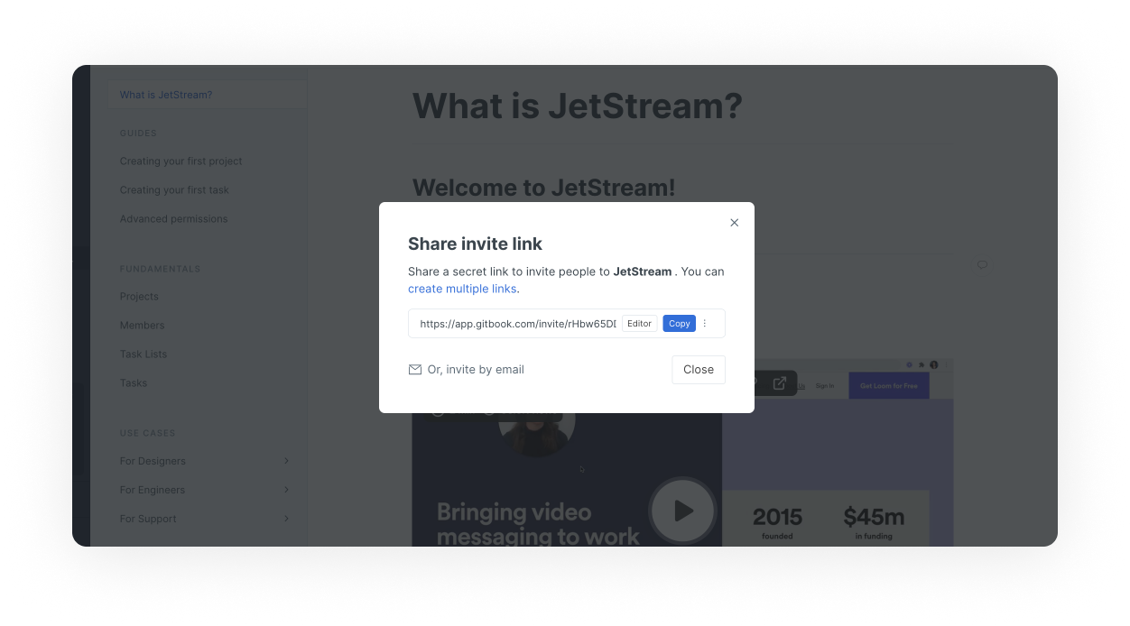 An invite team members window, with an auto generated invite link allowing users to select specific permissions