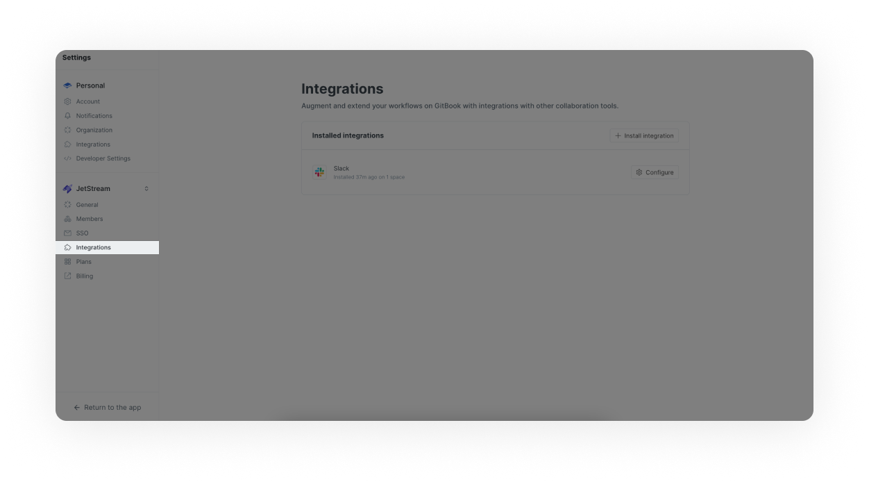 GitBook settings open, with Integrations button highlighted on the left hand side