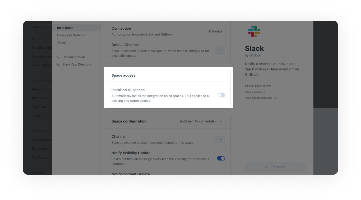 Slack integration window open with 'Install on all spaces' highlighted. The toggle is switched off meaning this feature has not been enabled.