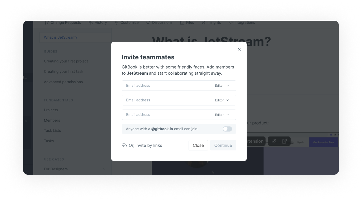 An invite team members window, with fields which allow you to enter user emails and assign their permissions