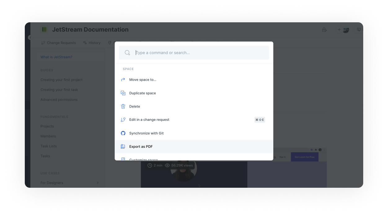 Open Quick find palette scrolled down to navigation and actions options. The actions allow you to move spaces, lock and unlock edits and many more.