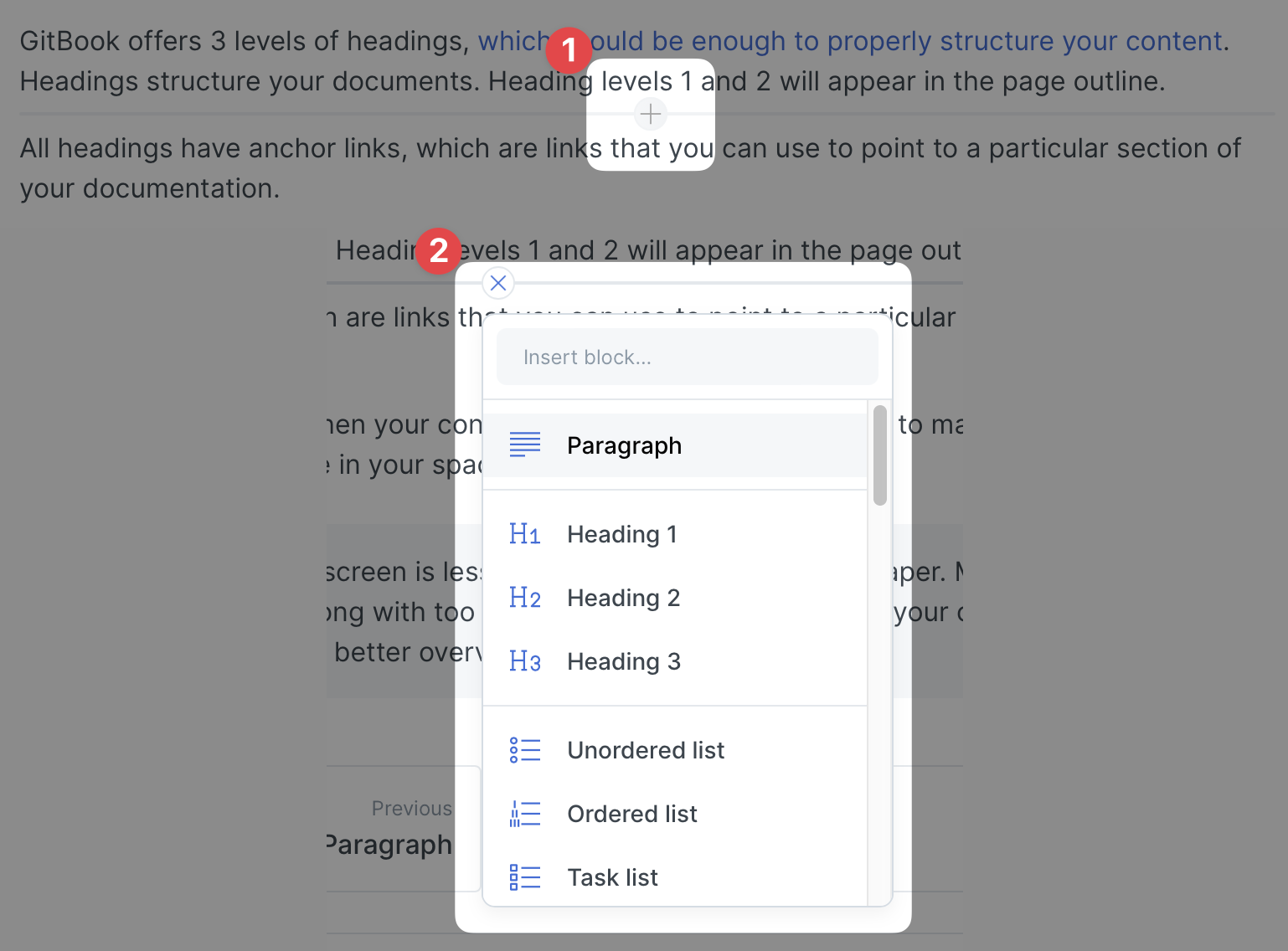 Screenshot showing how to insert a new block between two paragraphs using your mouse.