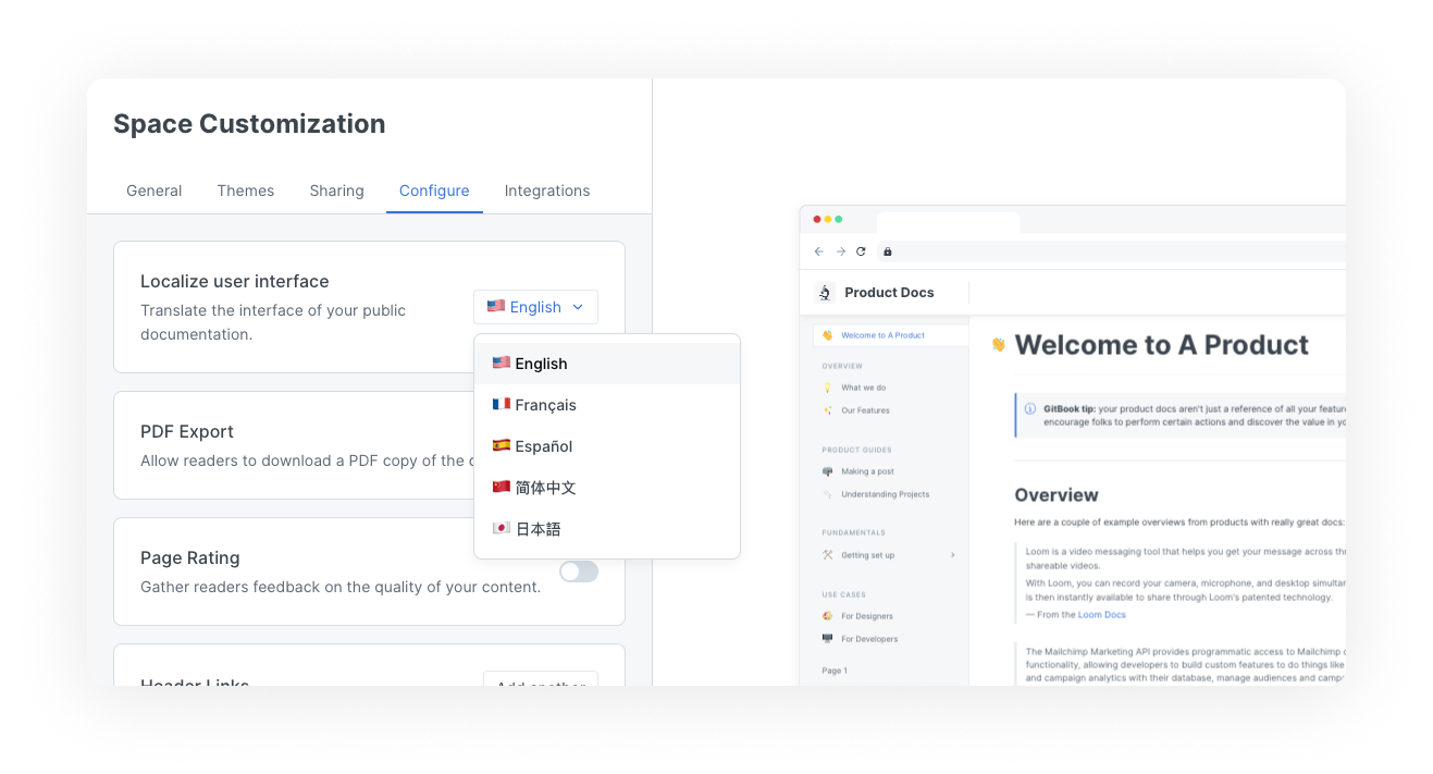 A screenshot of the customize panel. The configure tab has been selected, and the dropdown for the localize user interface setting has been expanded. It shows 5 language options: English, French, Spanish, Chinese (simplified), and Japanese.