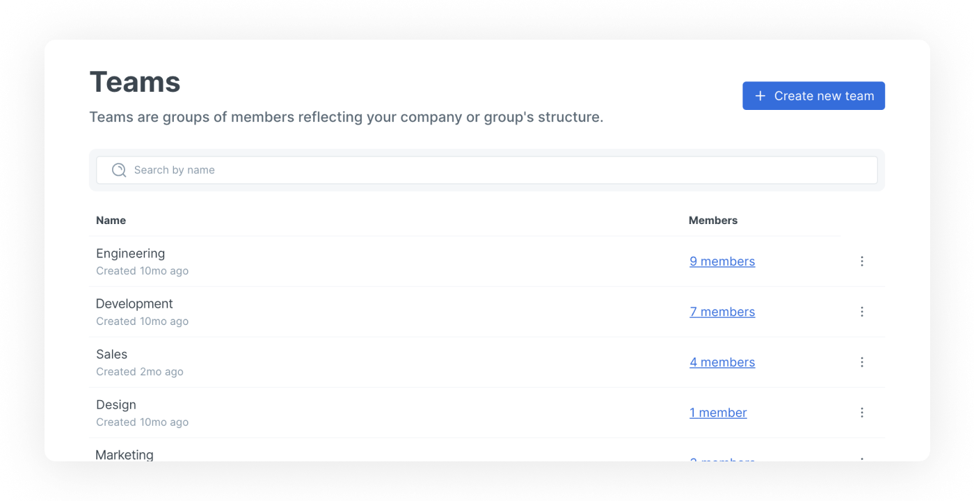 A screenshot showing the teams menu in GitBook’s organization settings. There is a search bar at the top, and four teams are visible, alongside the number of members in each.