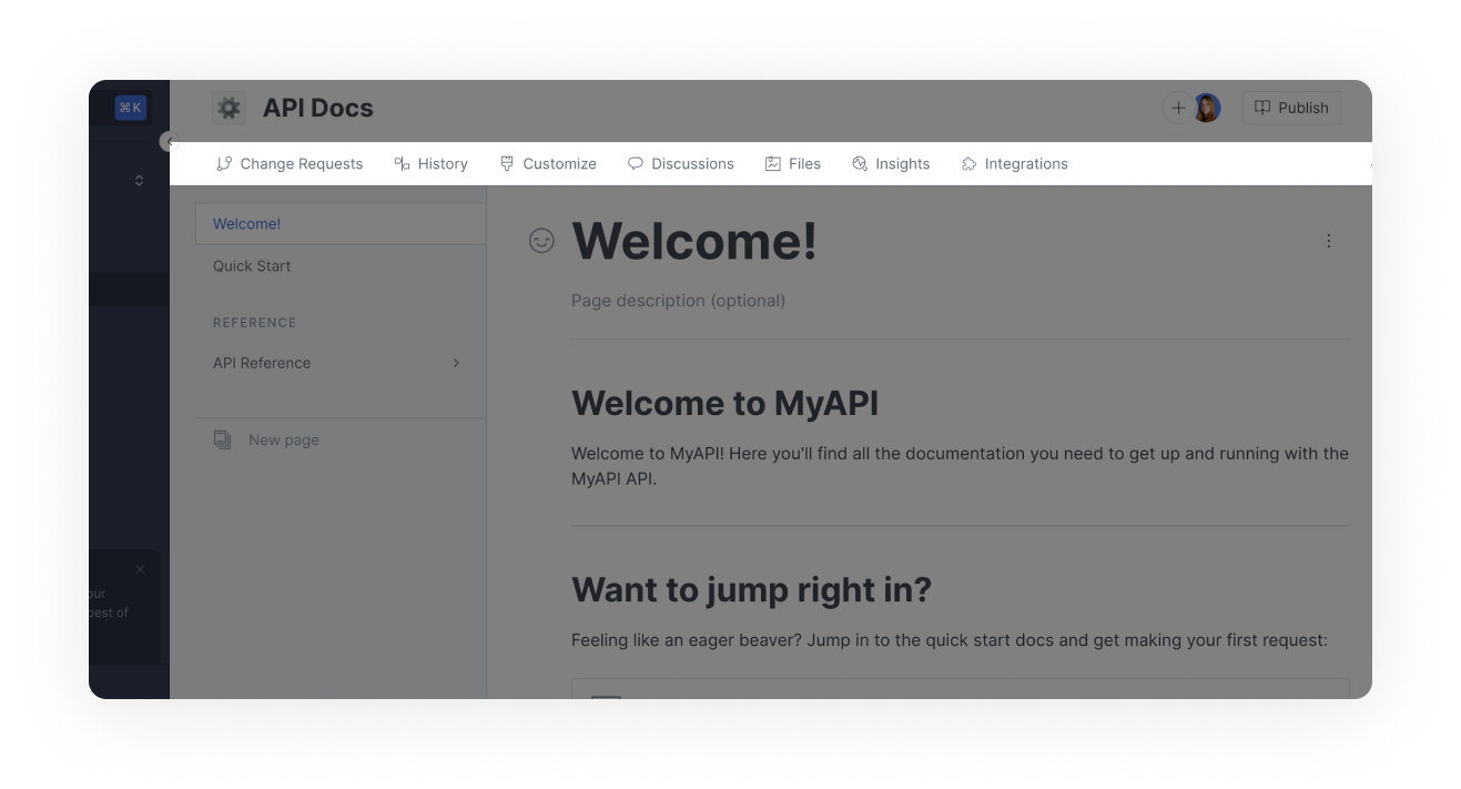A screenshot of the GitBook app. Towards the top is a highlighted section which is the space sub-navigation menu. In the menu there are links: change requests, history, customize, discussions, files, insights, and integrations.